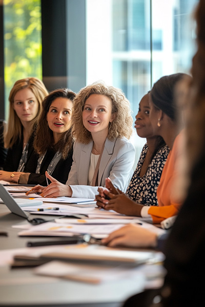 eine Gruppe von Geschäftsfrauen diskutiert an einem Tisch